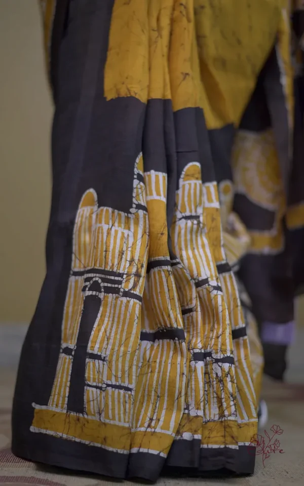 Mustard yellow on Black Hand Batik Print Pure silk saree