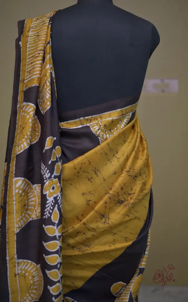 Mustard yellow on Black Hand Batik Print Pure silk saree