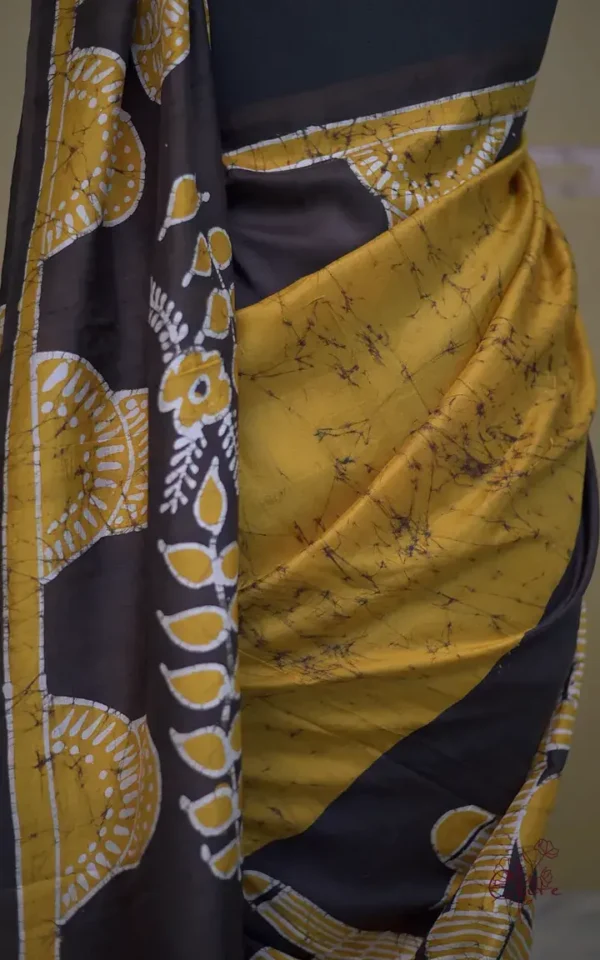 Mustard yellow on Black Hand Batik Print Pure silk saree