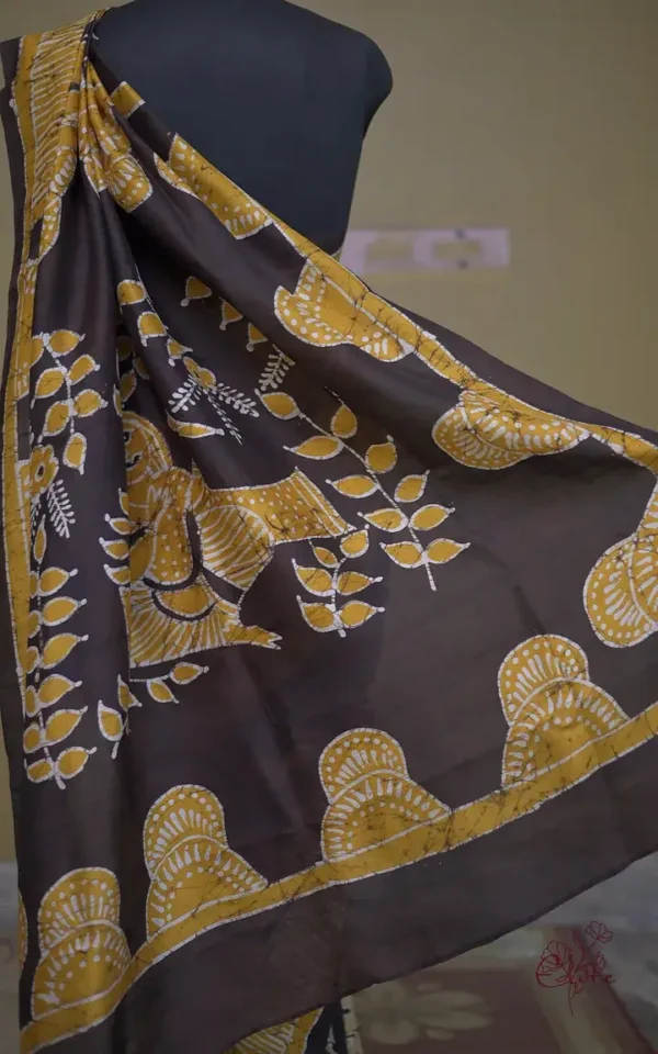 Mustard yellow on Black Hand Batik Print Pure silk saree
