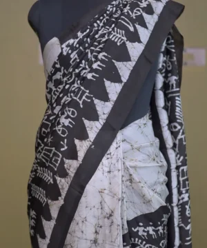 Off white on Bolpur Hand Batik n Black on Warli print Pure silk saree