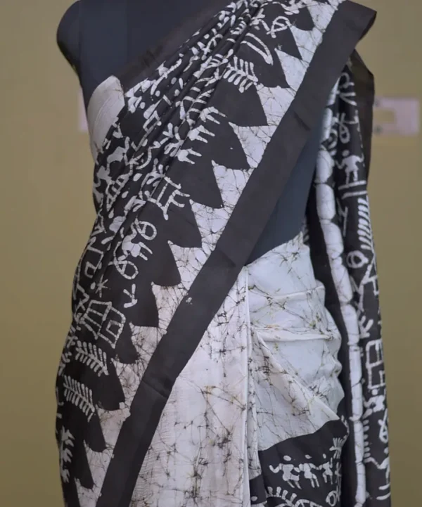 Off white on Bolpur Hand Batik n Black on Warli print Pure silk saree