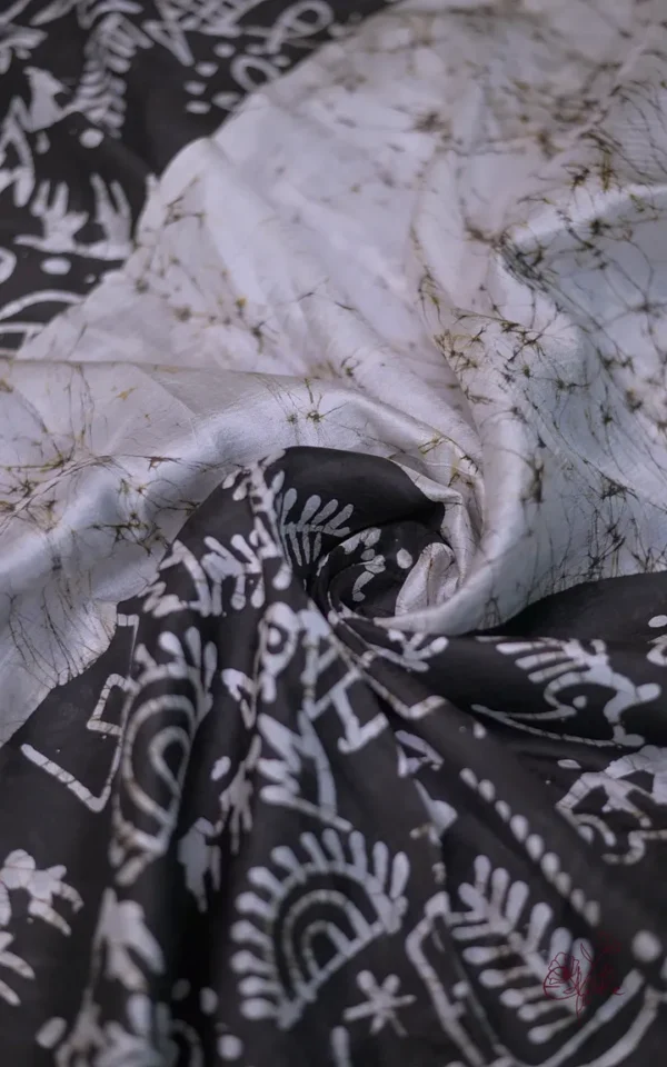 Off white on Bolpur Hand Batik n Black on Warli print Pure silk saree