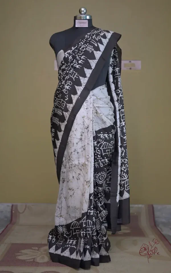 Off white on Bolpur Hand Batik n Black on Warli print Pure silk saree