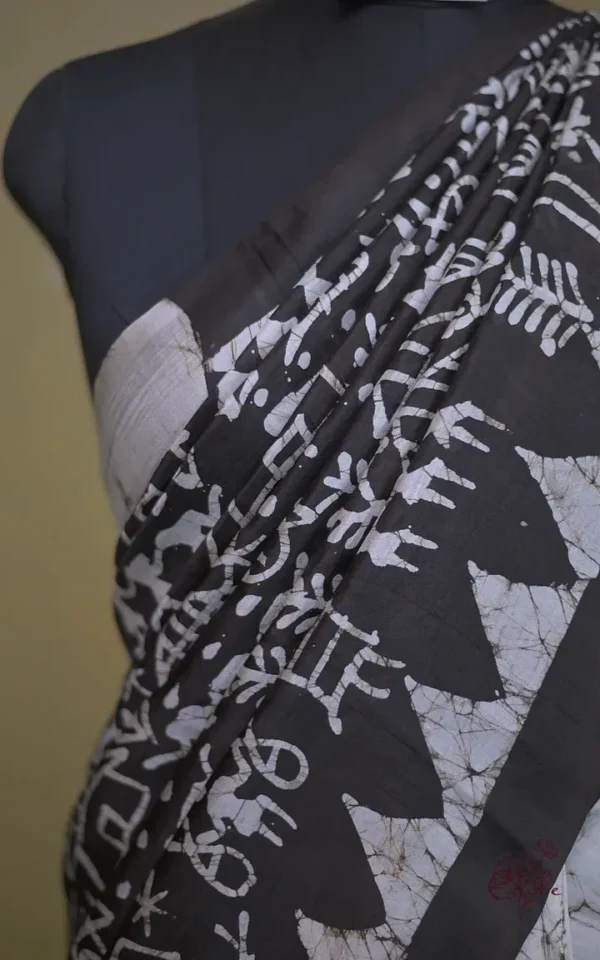 Off white on Bolpur Hand Batik n Black on Warli print Pure silk saree
