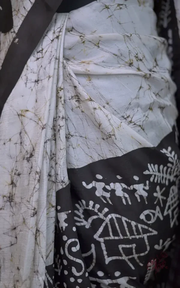Off white on Bolpur Hand Batik n Black on Warli print Pure silk saree