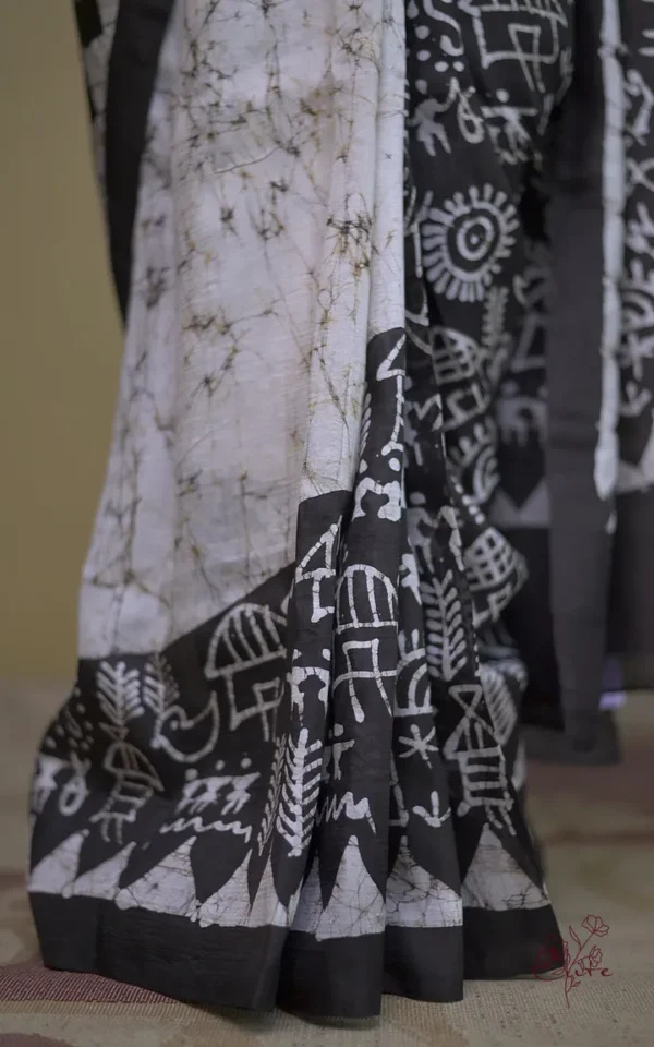 Off white on Bolpur Hand Batik n Black on Warli print Pure silk saree
