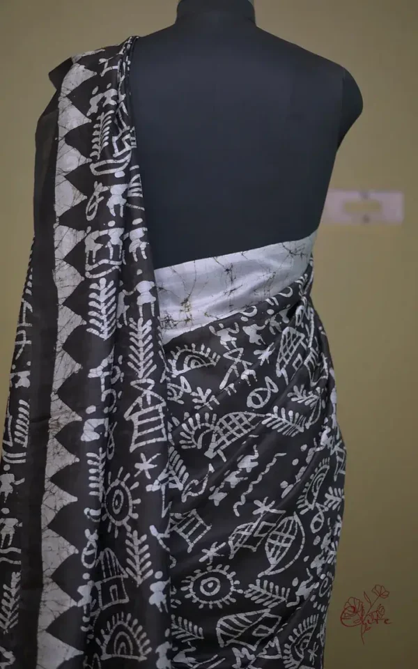 Off white on Bolpur Hand Batik n Black on Warli print Pure silk saree