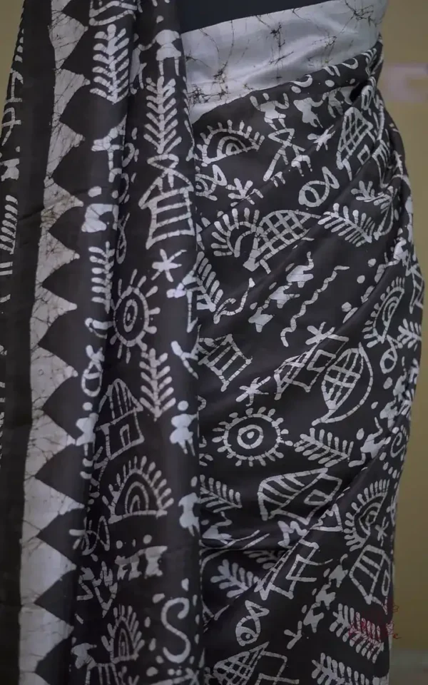 Off white on Bolpur Hand Batik n Black on Warli print Pure silk saree