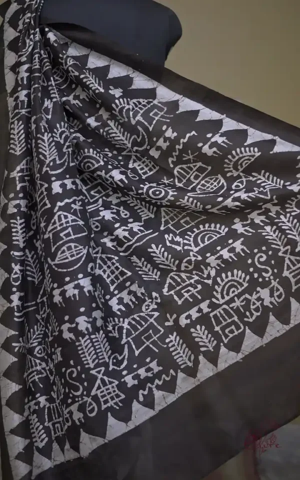 Off white on Bolpur Hand Batik n Black on Warli print Pure silk saree