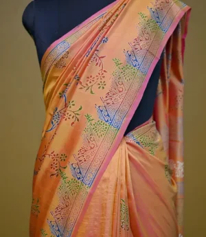 Pink Orange Dual Tone Katan on Hand Block Discharge Print Pure Silk Saree