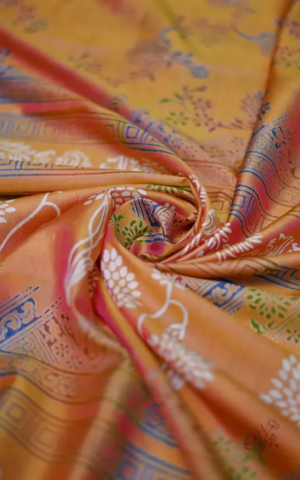Pink Orange Dual Tone Katan on Hand Block Discharge Print Pure Silk Saree
