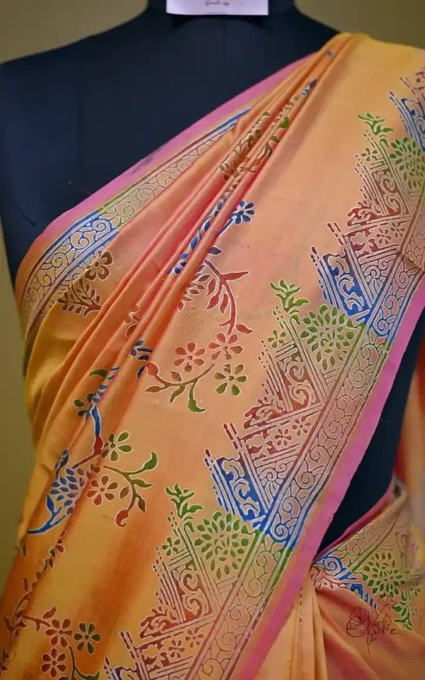 Pink Orange Dual Tone Katan on Hand Block Discharge Print Pure Silk Saree