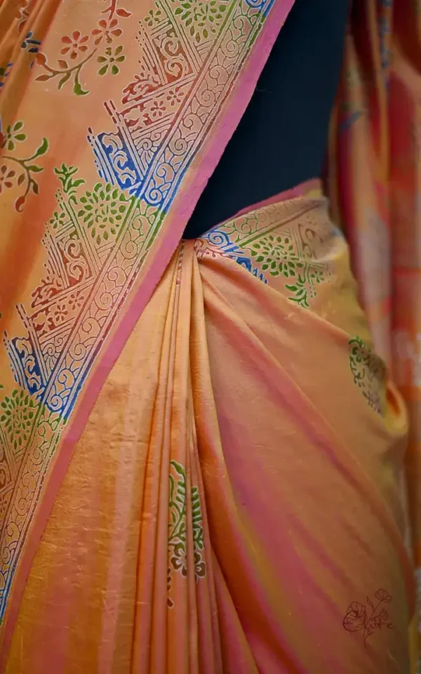 Pink Orange Dual Tone Katan on Hand Block Discharge Print Pure Silk Saree