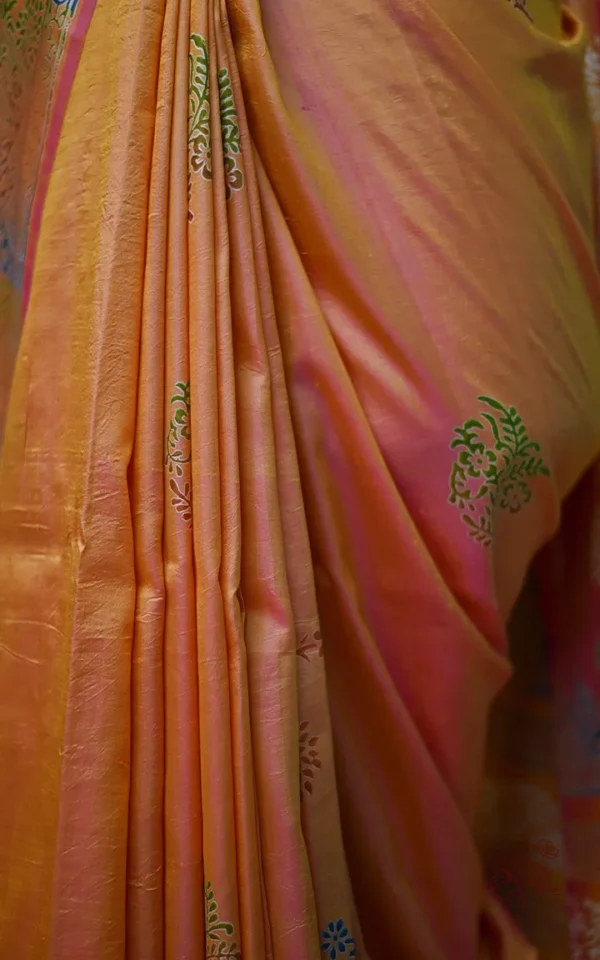 Pink Orange Dual Tone Katan on Hand Block Discharge Print Pure Silk Saree