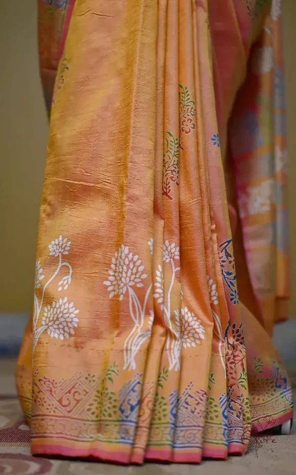 Pink Orange Dual Tone Katan on Hand Block Discharge Print Pure Silk Saree
