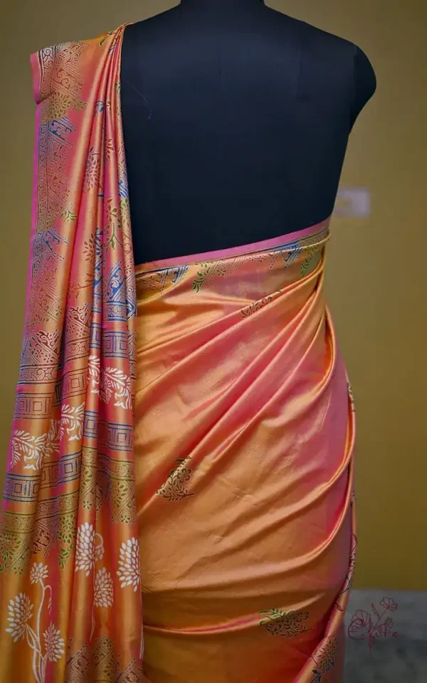 Pink Orange Dual Tone Katan on Hand Block Discharge Print Pure Silk Saree