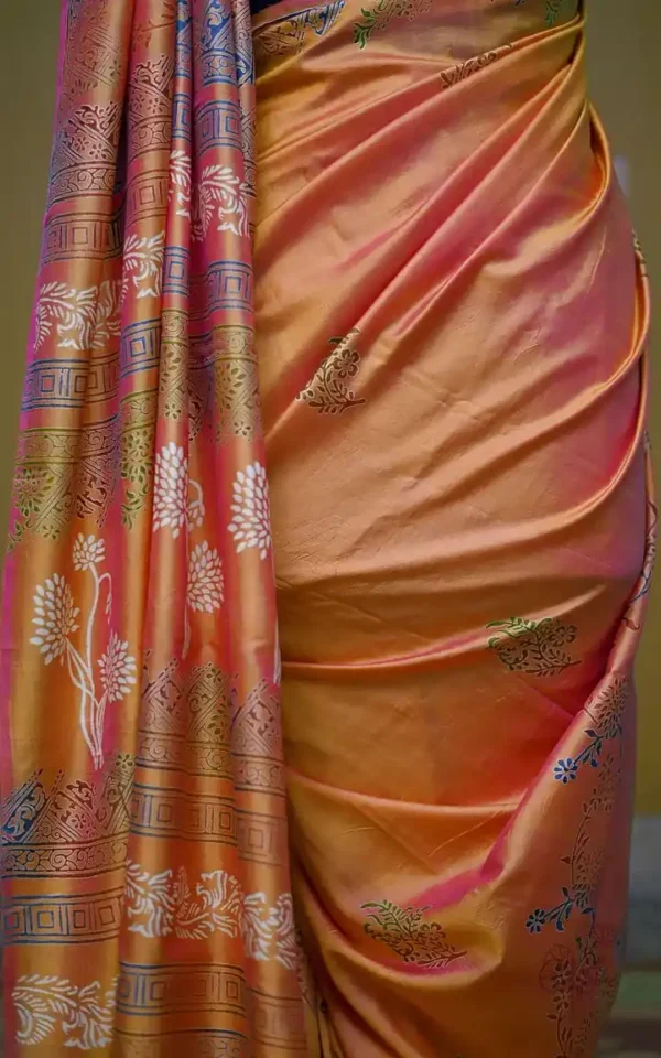 Pink Orange Dual Tone Katan on Hand Block Discharge Print Pure Silk Saree