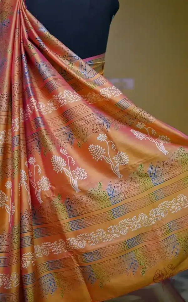 Pink Orange Dual Tone Katan on Hand Block Discharge Print Pure Silk Saree