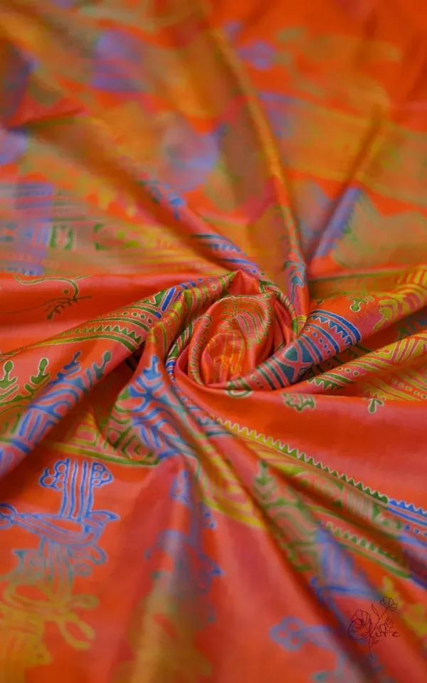 Orange Pink Dual Tone Katan on Hand Block Discharge Print Pure Silk Saree