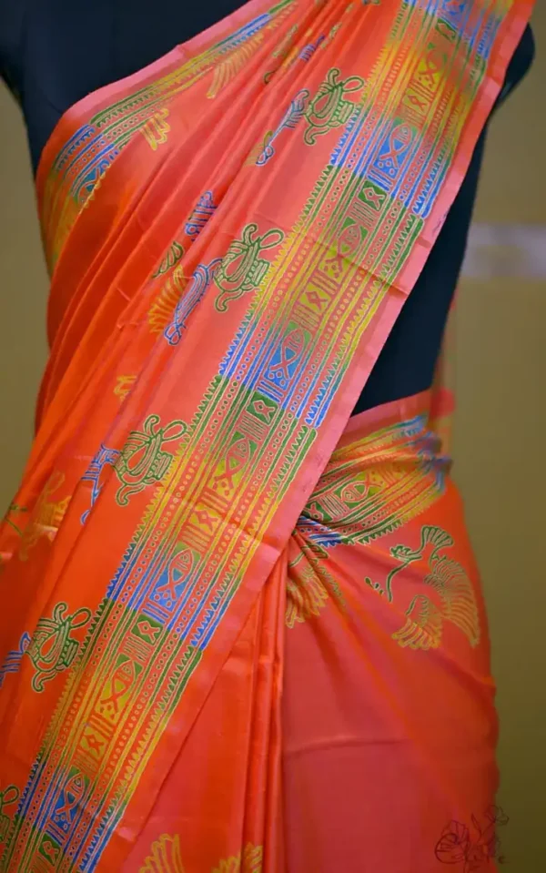 Orange Pink Dual Tone Katan on Hand Block Discharge Print Pure Silk Saree