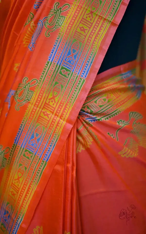 Orange Pink Dual Tone Katan on Hand Block Discharge Print Pure Silk Saree