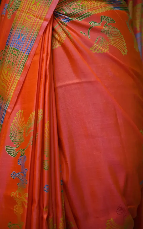 Orange Pink Dual Tone Katan on Hand Block Discharge Print Pure Silk Saree