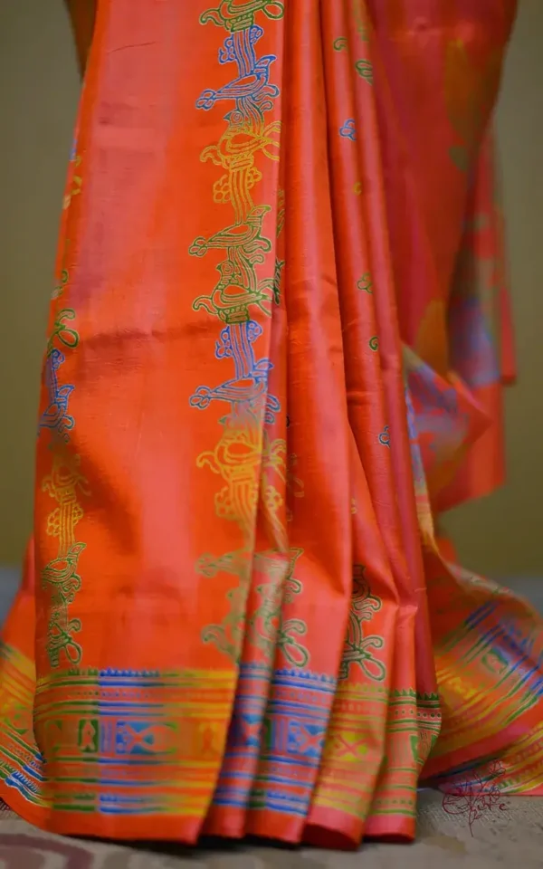 Orange Pink Dual Tone Katan on Hand Block Discharge Print Pure Silk Saree