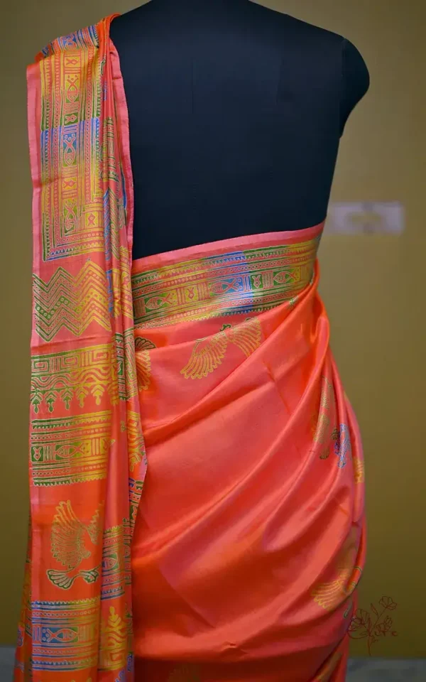 Orange Pink Dual Tone Katan on Hand Block Discharge Print Pure Silk Saree