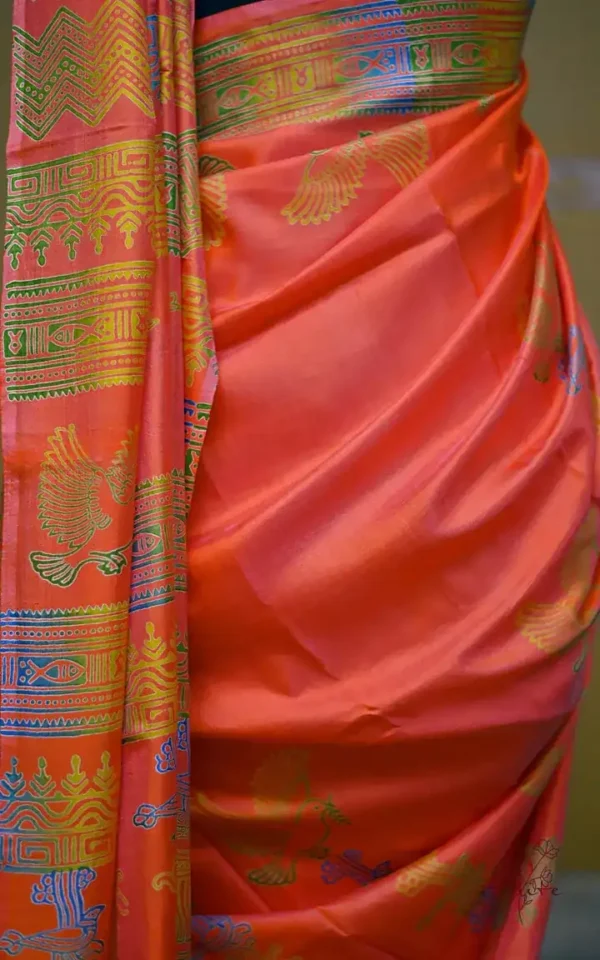 Orange Pink Dual Tone Katan on Hand Block Discharge Print Pure Silk Saree