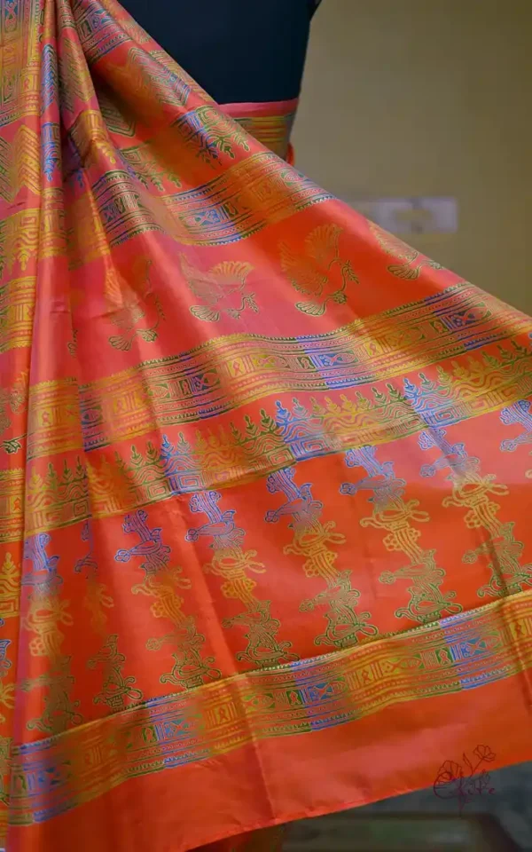 Orange Pink Dual Tone Katan on Hand Block Discharge Print Pure Silk Saree