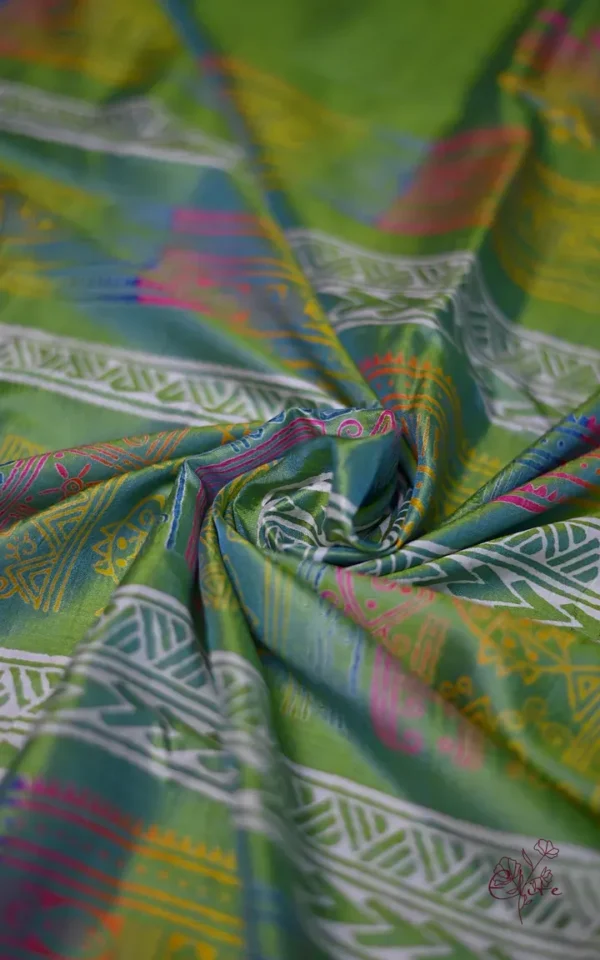 Sky Blue Green Dual Tone Katan on Hand Block Discharge Print Pure Silk Saree