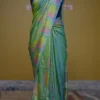 Sky Blue Green Dual Tone Katan on Hand Block Discharge Print Pure Silk Saree