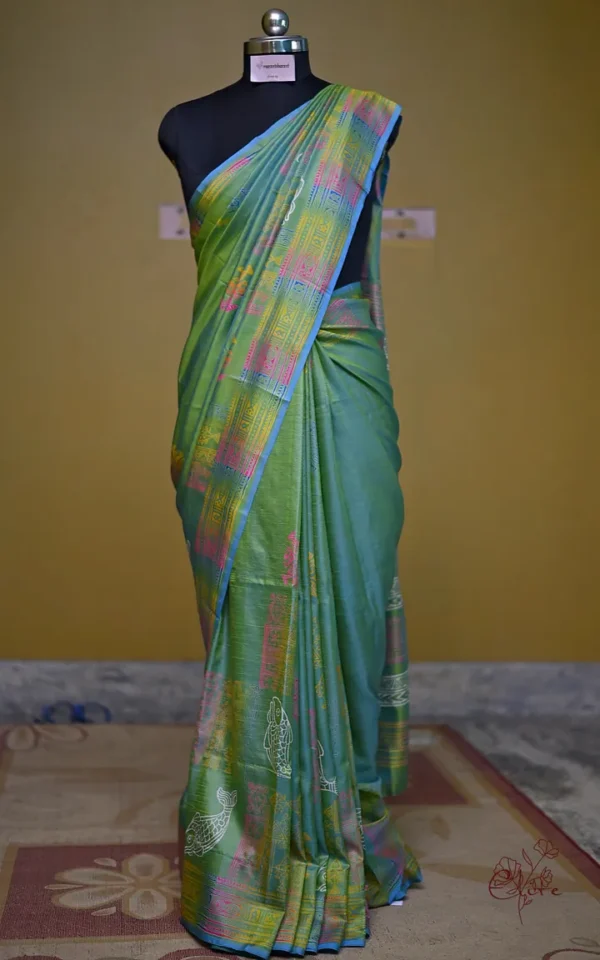 Sky Blue Green Dual Tone Katan on Hand Block Discharge Print Pure Silk Saree
