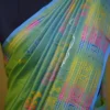 Sky Blue Green Dual Tone Katan on Hand Block Discharge Print Pure Silk Saree
