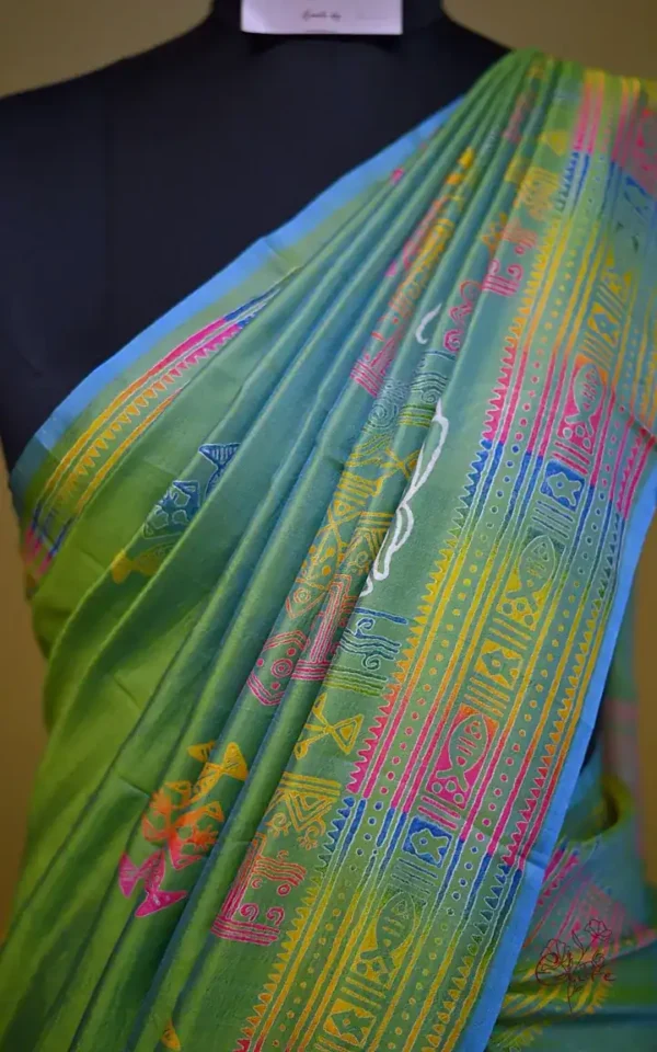 Sky Blue Green Dual Tone Katan on Hand Block Discharge Print Pure Silk Saree