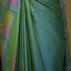 Sky Blue Green Dual Tone Katan on Hand Block Discharge Print Pure Silk Saree