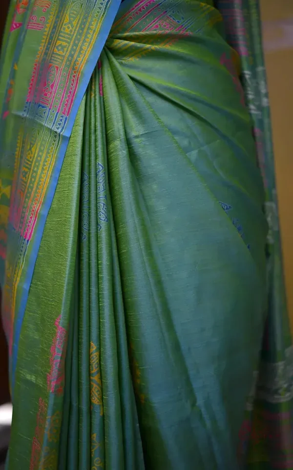 Sky Blue Green Dual Tone Katan on Hand Block Discharge Print Pure Silk Saree