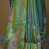 Sky Blue Green Dual Tone Katan on Hand Block Discharge Print Pure Silk Saree