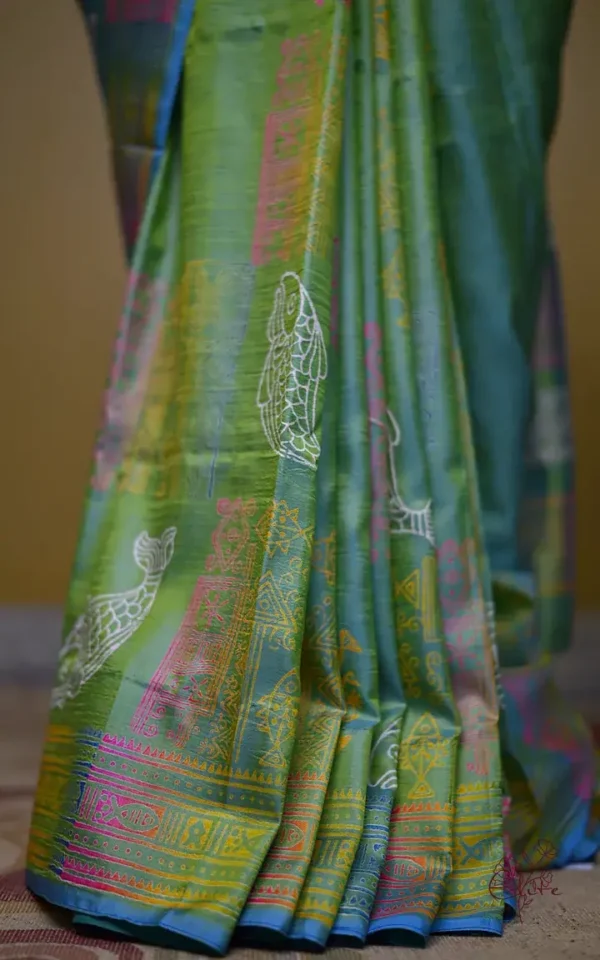 Sky Blue Green Dual Tone Katan on Hand Block Discharge Print Pure Silk Saree