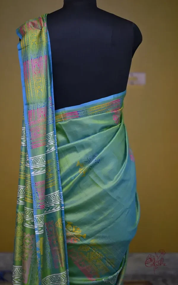 Sky Blue Green Dual Tone Katan on Hand Block Discharge Print Pure Silk Saree