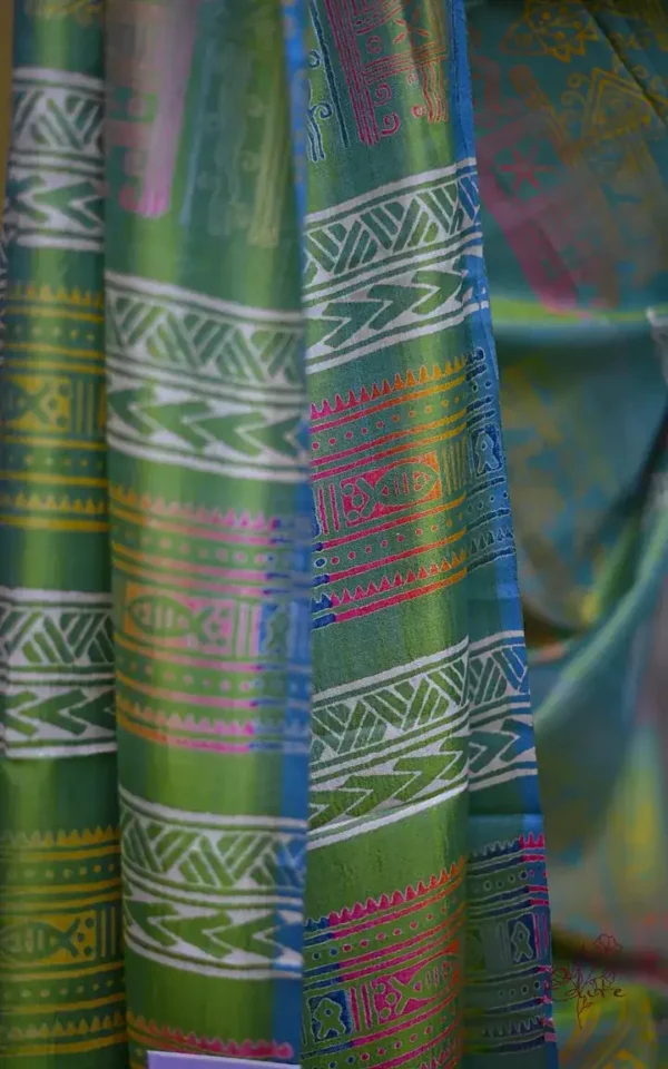 Sky Blue Green Dual Tone Katan on Hand Block Discharge Print Pure Silk Saree