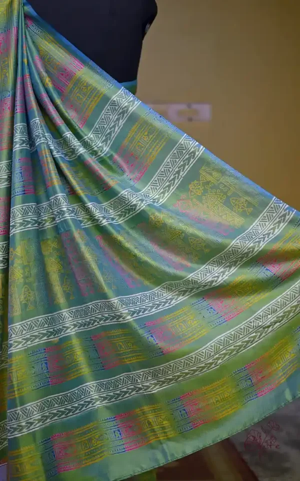 Sky Blue Green Dual Tone Katan on Hand Block Discharge Print Pure Silk Saree