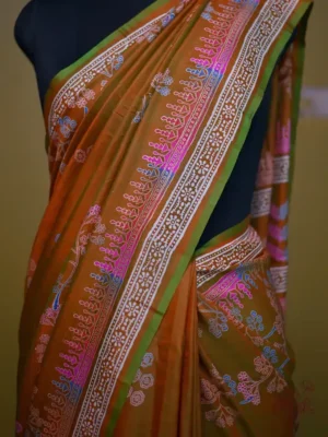 Light Green Orange Dual Tone Katan on Hand Block Discharge Print Pure Silk Saree