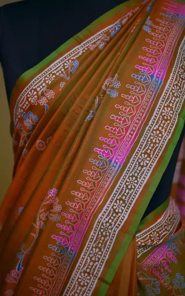 Light Green Orange Dual Tone Katan on Hand Block Discharge Print Pure Silk Saree