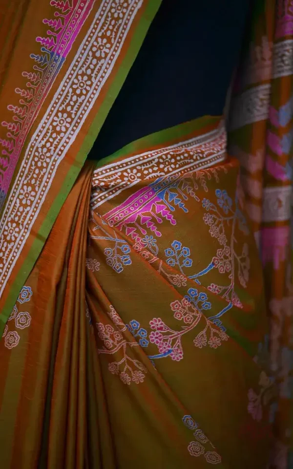 Light Green Orange Dual Tone Katan on Hand Block Discharge Print Pure Silk Saree