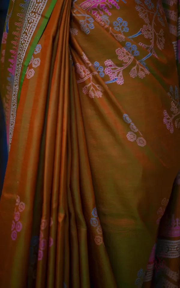 Light Green Orange Dual Tone Katan on Hand Block Discharge Print Pure Silk Saree