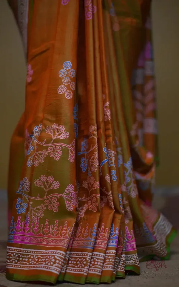Light Green Orange Dual Tone Katan on Hand Block Discharge Print Pure Silk Saree