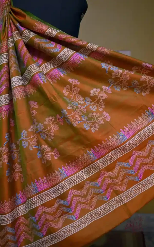 Light Green Orange Dual Tone Katan on Hand Block Discharge Print Pure Silk Saree