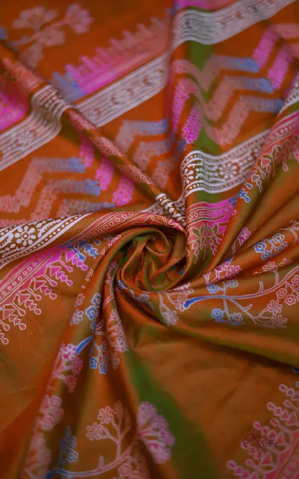 Light Green Orange Dual Tone Katan on Hand Block Discharge Print Pure Silk Saree